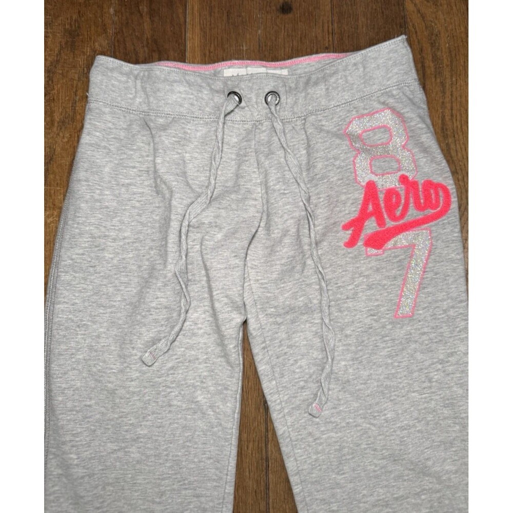 Aeropostale Grey Sweatpant Slim Low Rise Flare Pink Embroidered Logo Medium Y2K